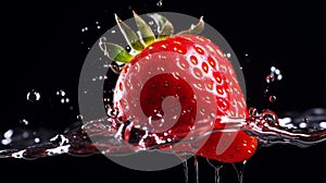 Strawberry falling into water macro image, super detail.