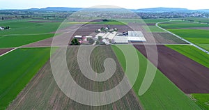 Strawberry field, against the backdrop of a large heat complex. Flight over the agricultural zone