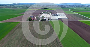 Strawberry field, against the backdrop of a large heat complex. Flight over the agricultural zone