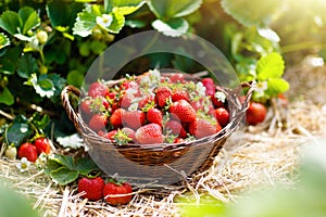 Strawberry field on fruit farm. Berry in basket.