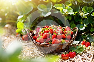 Strawberry field on fruit farm. Berry in basket