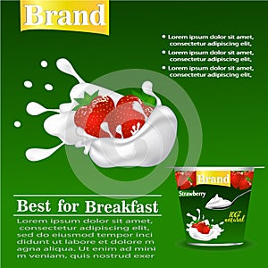 Strawberry flavor yogurt ad, with milk splashing and strawberry elements,