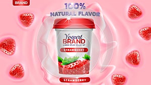 Strawberry flavor yogurt ad, with yogurt splashing and waves and floating strawberry elements