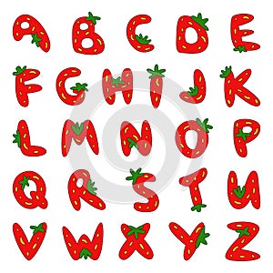 Strawberry font. Berry alfabet. Letters from red fruits. Soft funny cartoon hand drawn kids bright illustratio for lettering photo