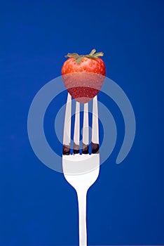 Strawberry on Fork - blue background