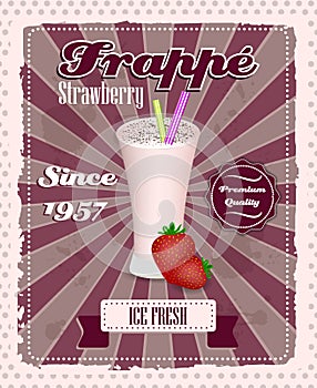 Strawberry frappe poster with drinking strew, fruit and glass in retro style photo