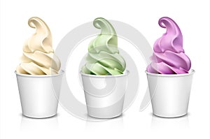 Strawberry frozen yogurt or soft ice cream, vanilla frozen yogurt or soft ice cream, in blank paper cup