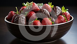 Strawberry fruit dessert, gourmet indulgence, chocolate dipped snack generated by AI
