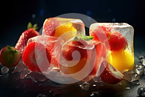 Strawberry fruit ice, refreshing fruity icecream on black background, AI Generated