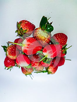 Top view of strawberries isolated on white background, Lots of strawberries and white background,. Ripe berries