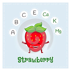 Strawberry fruit vitamins and minerals. Funny fruit character. Healthy food illustration