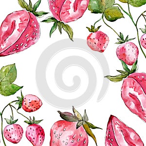 Strawberry fruits. Green leaf. Watercolor background illustration set. Frame border ornament square.
