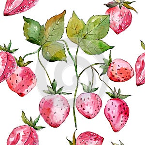 Strawberry fruits. Green leaf. Watercolor background illustration set. Seamless background pattern.