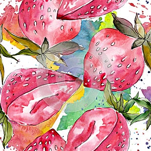 Strawberry fruits. Green leaf. Watercolor background illustration set. Seamless background pattern.