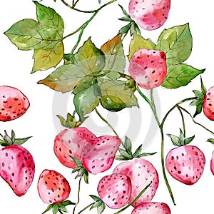 Strawberry fruits. Green leaf. Watercolor background illustration set. Seamless background pattern.