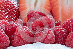 Strawberry. Fruits. Raspberry. Macro. Raw. Sugar. Red