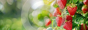 The strawberry on the garden bed. Close up. Copy space for text. Blurred background. Banner slider template.