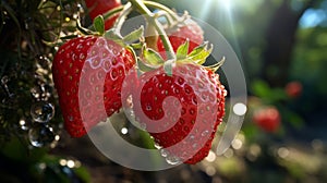 Strawberry in the garden with dew drops. Fresh strawberries