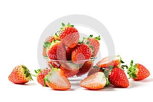 Strawberry on glass isolated on white background. Strawberries with leaf isolate
