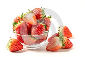 Strawberry on glass isolated on white background. Strawberries with leaf isolate