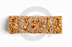 Strawberry granola bar isolated on white background. Healthy sweet dessert snack. Cereal granola bar with nuts and berries on a w