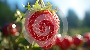 Strawberry growing on a branch in the garden. Close-up