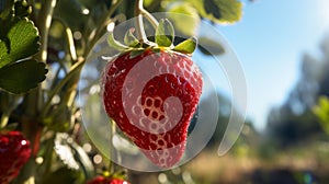 Strawberry growing in the garden. Close-up of a strawberry on a branch