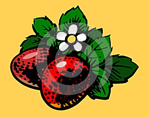 Strawberry. Hand drawing. Monochrome black and white colorized drawing. Ripe tasty exotic strawberry berry