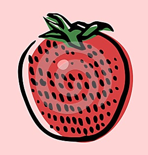 Strawberry. Hand drawing. Monochrome black and white colorized drawing. Ripe tasty exotic strawberry berry