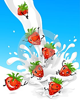 Strawberry having fun in milk