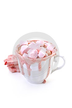 Strawberry hot chocolate with heart shaped marshmallows