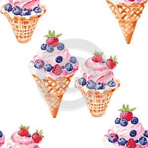 Strawberry ice cream with blueberries as top decoration.