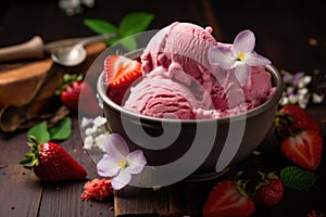 Strawberry ice cream in bowl with fresh strawberries and mint on dark wooden background, Delicious strawberry ice cream, AI