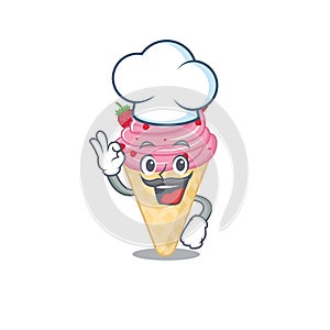 Strawberry ice cream chef cartoon design style wearing white hat