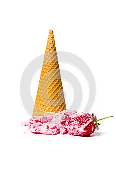 Strawberry ice cream in a cone isolated
