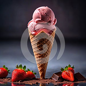 Strawberry Ice-cream in cone standing on the table