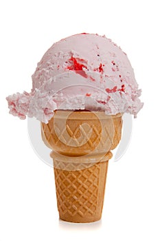 Strawberry ice cream cone on white