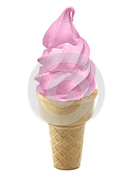 Strawberry Ice cream in the cone on white background
