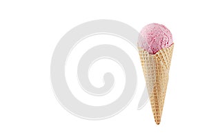 Strawberry ice cream in crisp waffle cone isolated on white background, mock up for design, summer food.
