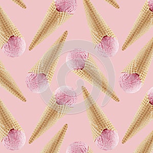 Strawberry ice cream in crisp waffle cones as seamless decorative pattern on pink color, summer food background.