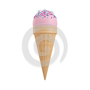 Strawberry ice cream dessert with marshmallows, rainbow chocolate rice, and waffle cone isolated on white background
