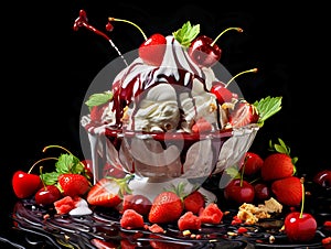 Strawberry ice cream with dropping cream and fresh fruits