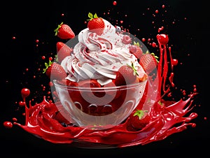 Strawberry ice cream with dropping cream and fresh fruits