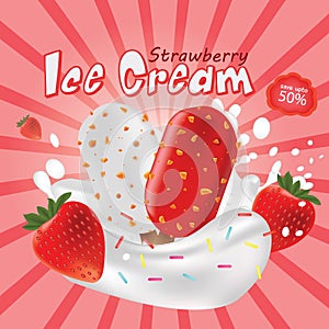 strawberry ice cream with fresh fruit and splashing milk, vector illustration