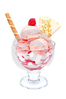 Strawberry ice cream in glass bowl