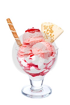 Strawberry ice cream in glass bowl