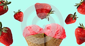 Strawberry ice cream with levitating berries over blue background