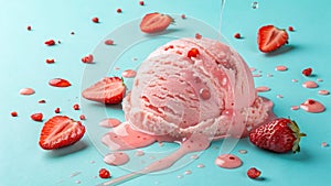 Strawberry Ice Cream Meltdown Pink Scoop with Sauce and Berries, summer dessert, ice cream recipe Dessert, SummerTreat photo