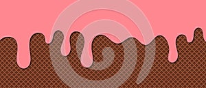 Strawberry ice cream melted on waffle background. Ð¡ream melted on waffle background. Sweet ice cream flowing down on cone. Vector