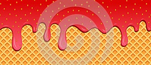 Strawberry ice cream melted on waffle background. Ð¡ream melted on waffle background. Sweet ice cream flowing down on cone. Vector